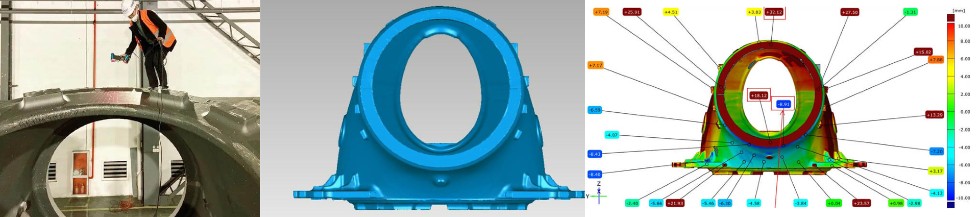 Skanowanie 3D odlewu piasty turbiny wiatrowej, wynik skanowania i porównanie z modelem CAD