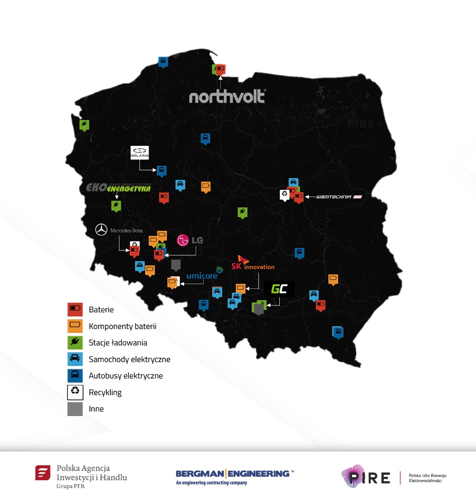 Mapa lokalizacji projektów z sektora elektromobilności w Polsce w podziale na poszczególne segmenty – produkcja baterii i komponentów do nich, produkcja pojazdów elektrycznych, produkcja e-autobusów oraz centra rozwoju technologii związanych z EV