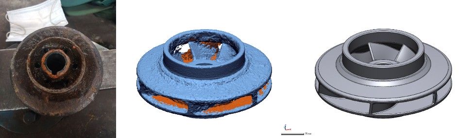 Proces inżynierii odwrotnej odlewu wirnika, kolejno zużyty element, skan 3D, gotowy model CAD